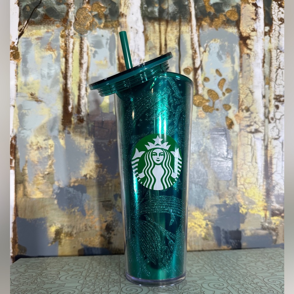 Starbucks Green Glitter Tropical Swirl Acrylic Cold Cup Tumbler - Picture 2 of 6